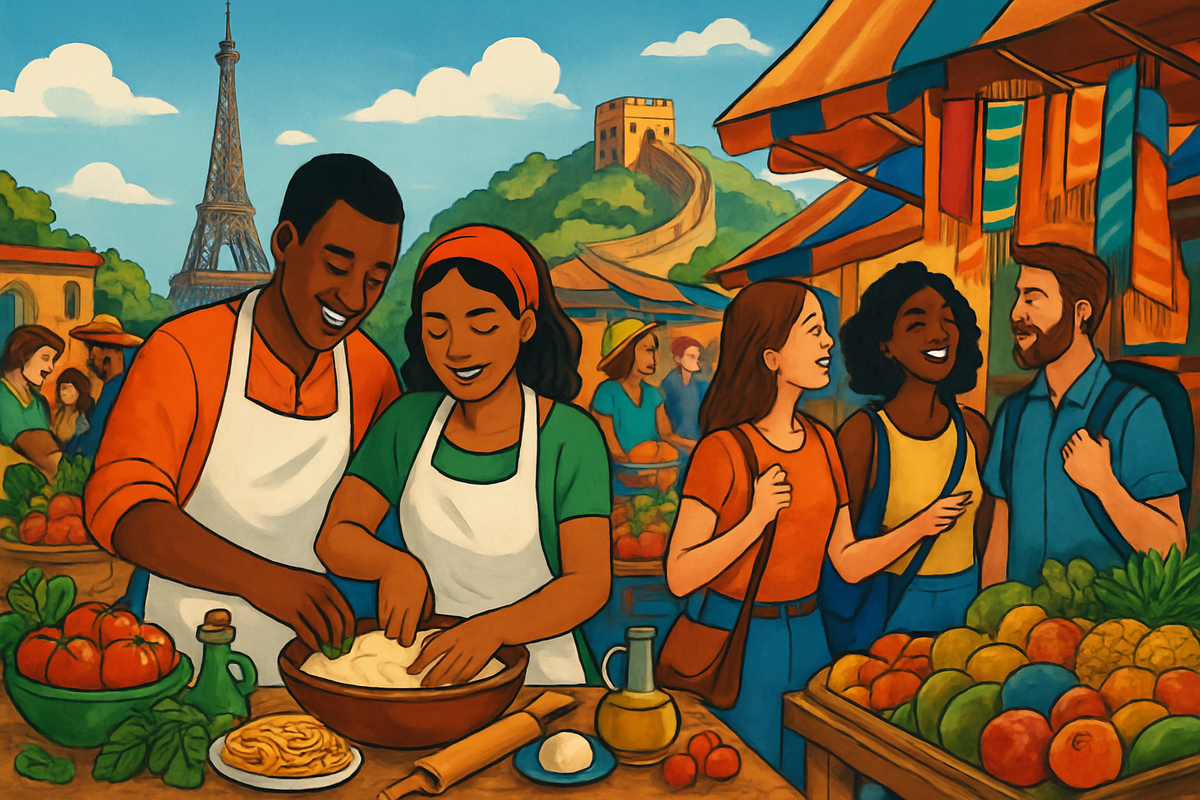 The image depicts a vibrant market scene with diverse people interacting, one couple cooking, and iconic landmarks in the background.