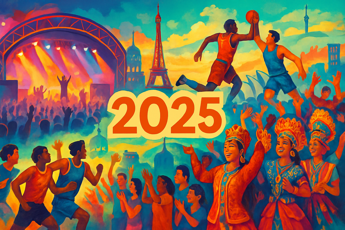 The image is a vibrant illustration featuring a celebration with diverse people, sports, landmarks like the Eiffel Tower, and the year 2025 prominently displayed.