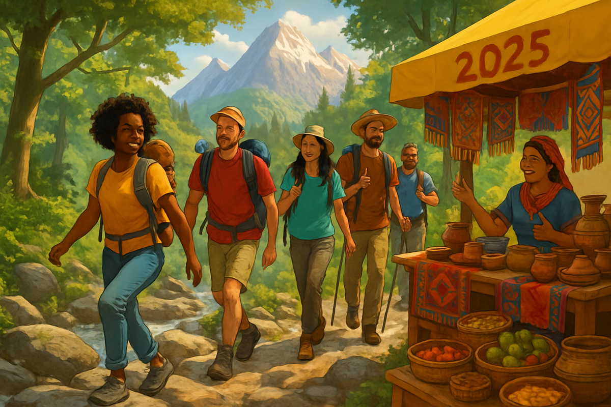 A group of diverse hikers joyfully walks along a forested path towards a market stall adorned with pottery and fruits, with mountains in the background.