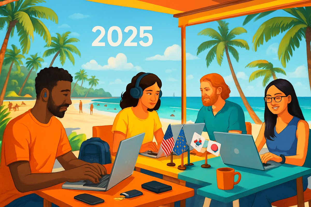 The image depicts four people working on laptops at a beachside café, with palm trees in the background and flags from different countries on their tables, labeled "2025."