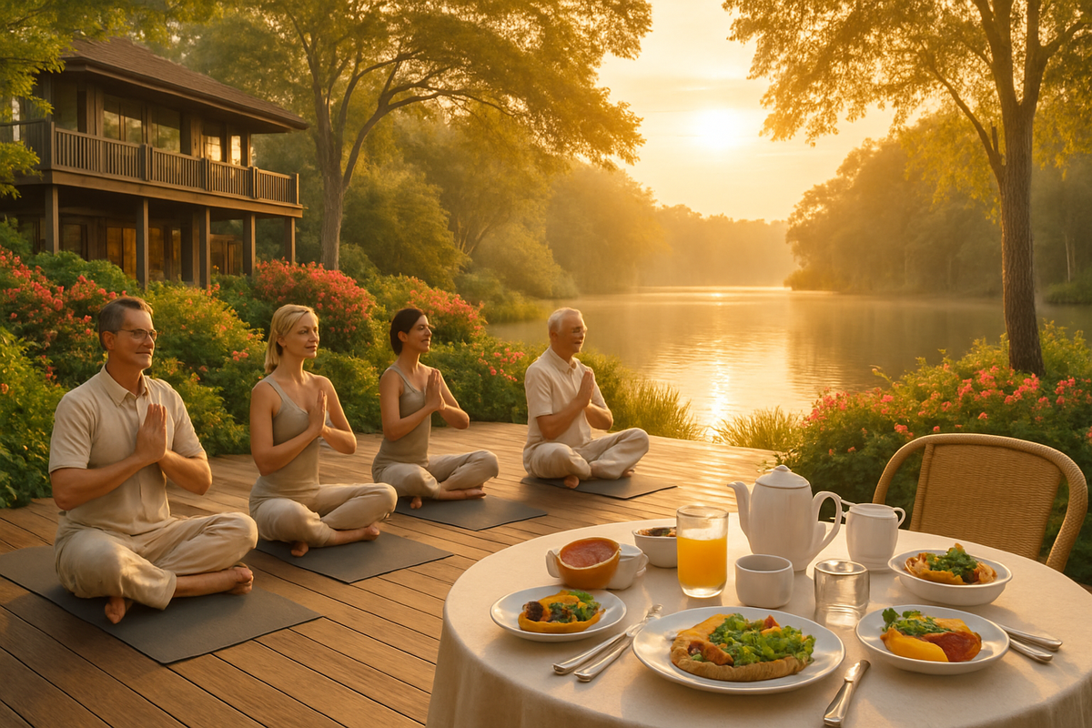 A serene outdoor scene shows four individuals meditating at sunrise near a lake, with a beautifully arranged breakfast table beside them.