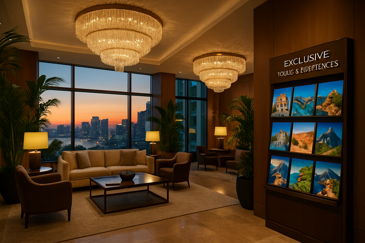 The image features an elegant lobby with stylish furniture, ambient lighting, large windows showcasing a sunset, and framed photographs depicting various landscapes.