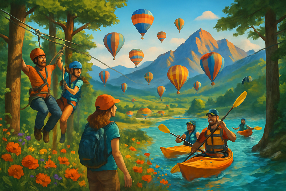 The image features a vibrant outdoor scene with people ziplining, kayaking, and colorful hot air balloons floating above a picturesque landscape of mountains and flowers.
