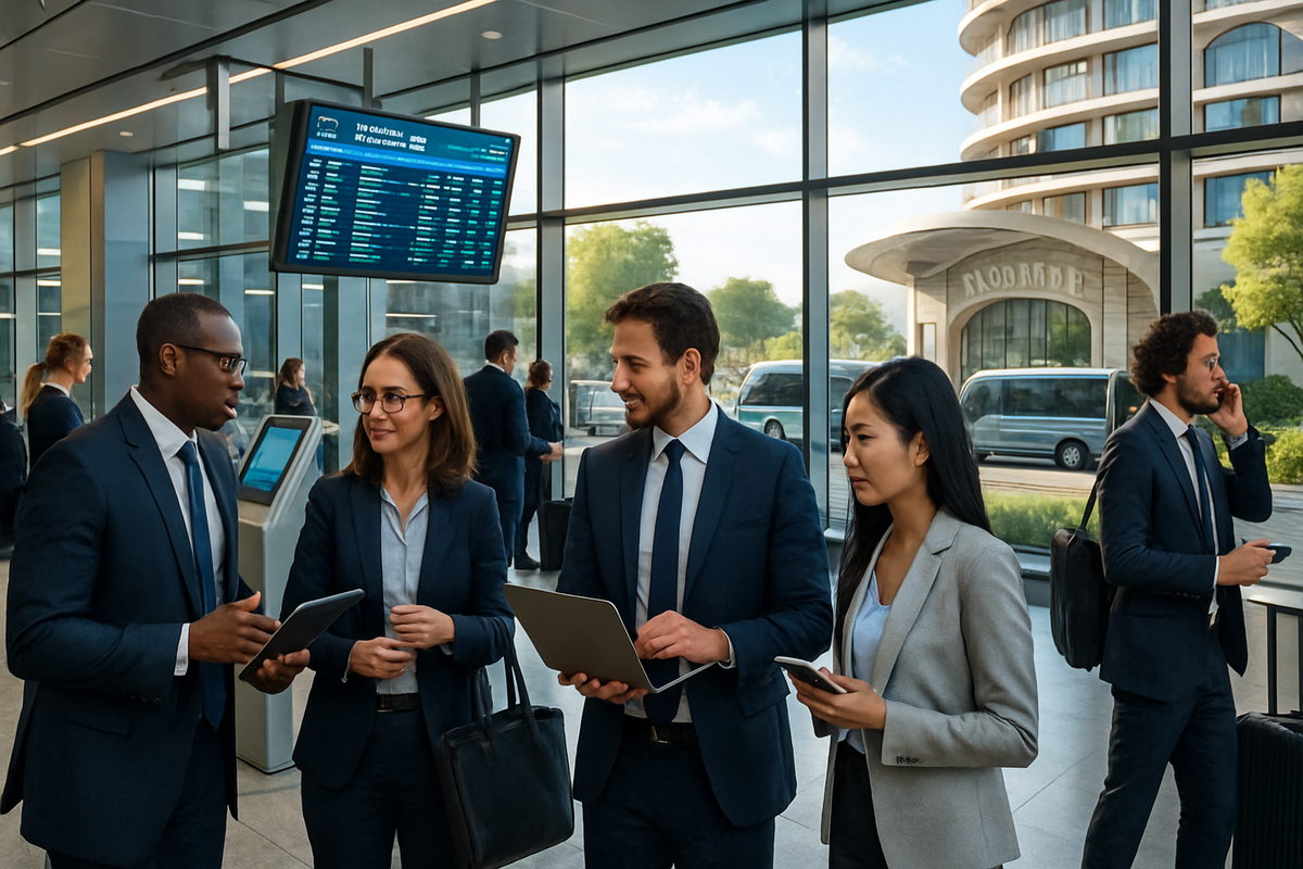 A group of professionals in business attire is engaged in discussion in a modern office space with large windows and a departure board in the background.