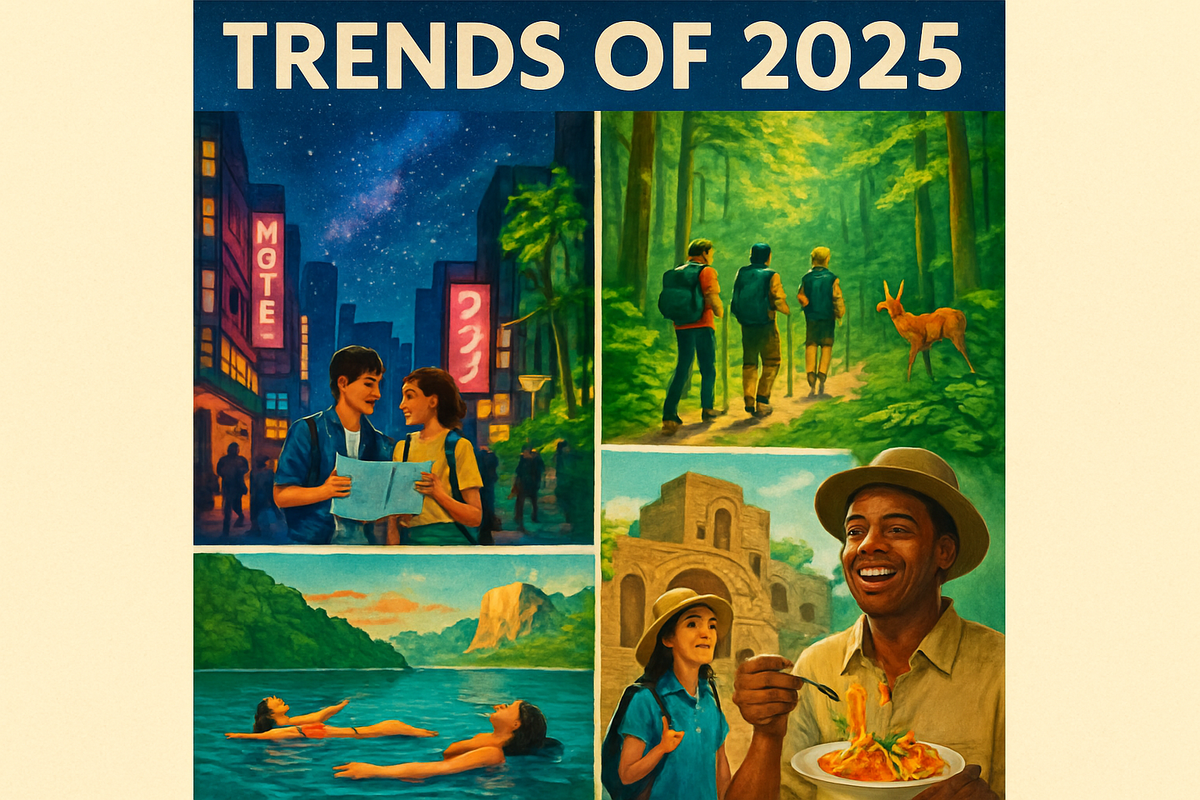 The image depicts various scenes representing trends of 2025, including social connections, nature exploration, relaxation by water, and culinary enjoyment.