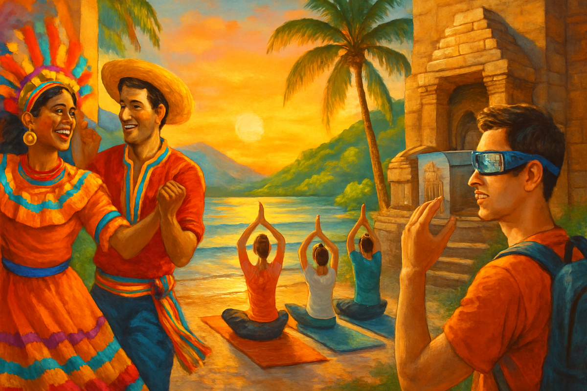 The image depicts a vibrant sunset scene where a couple dances joyfully in traditional attire, while a group practices yoga by the water, and a man in modern clothing observes them.
