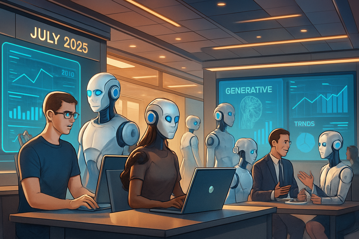 The image depicts a futuristic workspace in July 2025, featuring humans and humanoid robots collaborating on technology and data analysis.