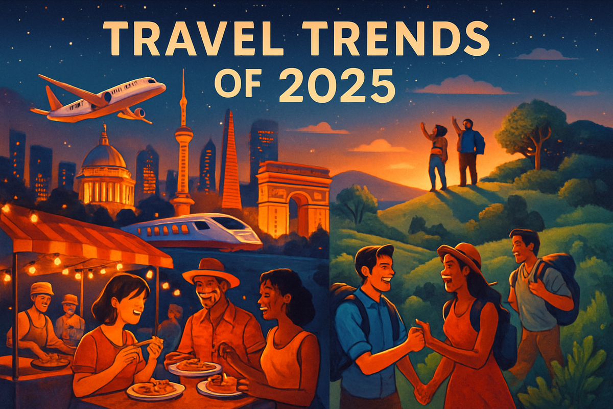 The image depicts a vibrant and colorful illustration of travel trends for 2025, showcasing urban landmarks, food experiences, and outdoor adventures with people enjoying various activities.