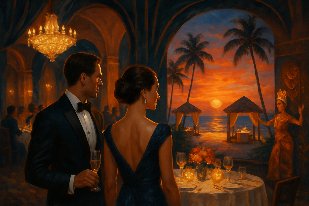 The image depicts a couple in formal attire admiring a sunset over the ocean while dining in an elegant restaurant.