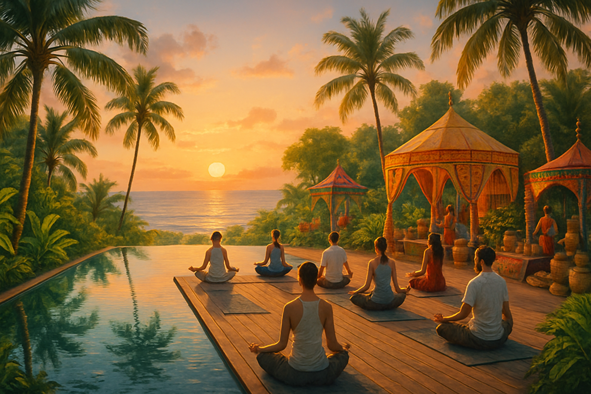 A serene scene of individuals meditating by a tranquil pool at sunset, surrounded by palm trees and lush greenery.