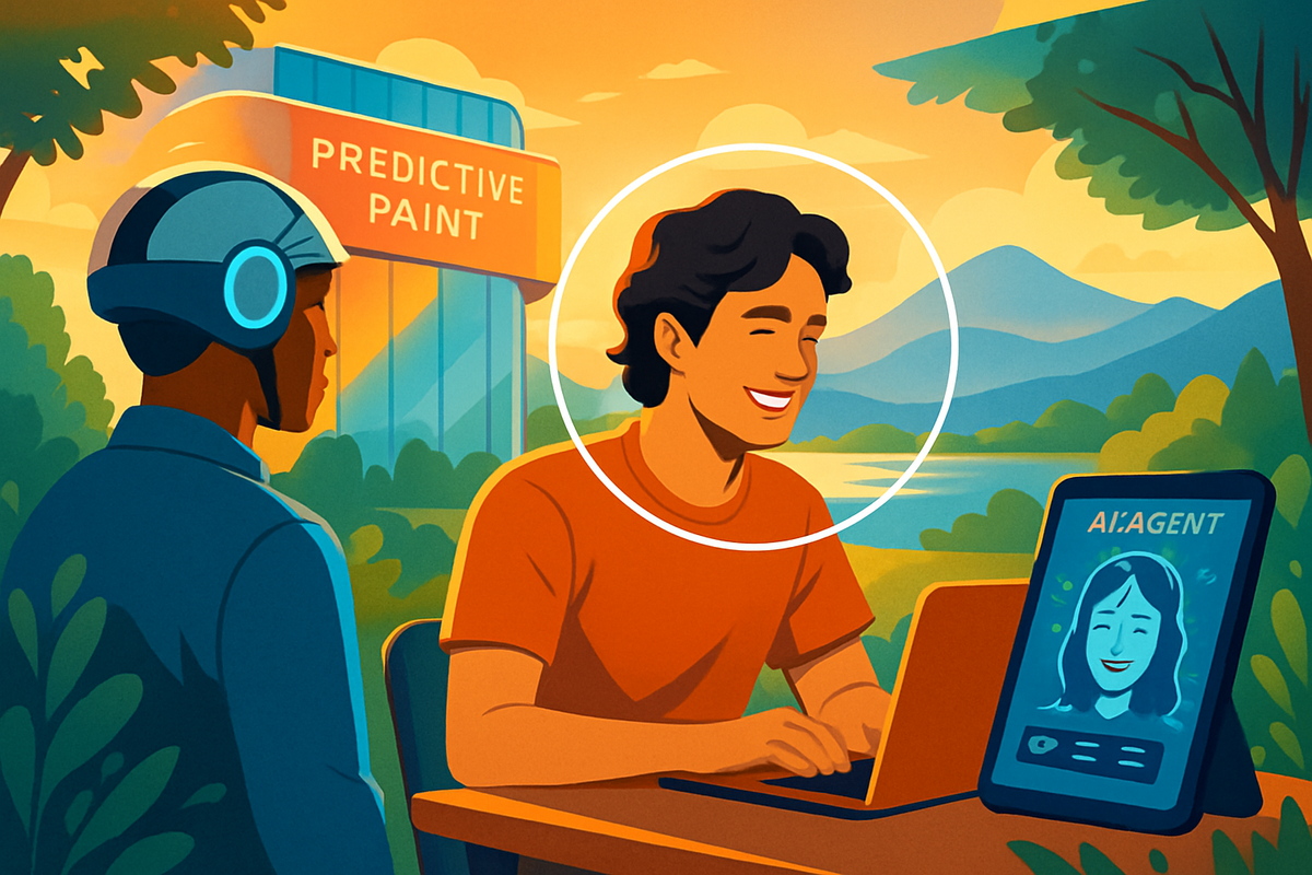 The image depicts a man joyfully interacting with an AI agent on a screen while another person in a futuristic helmet observes in a serene outdoor setting.