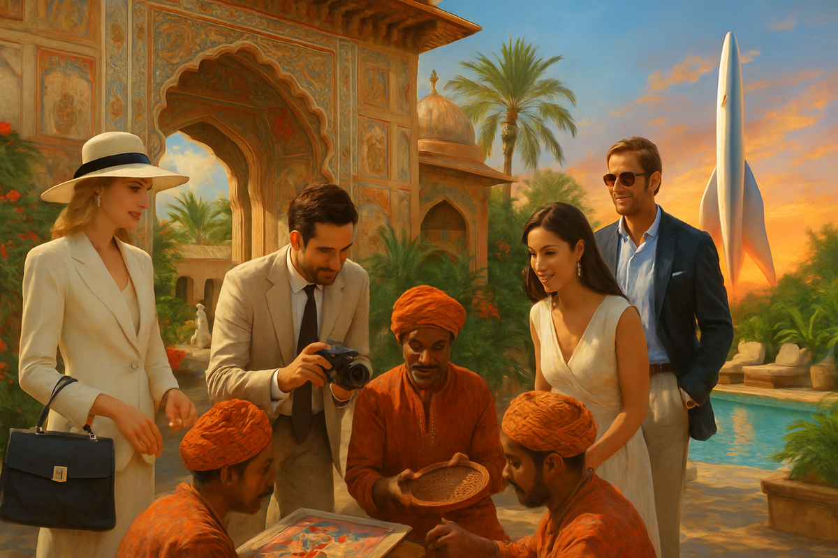 The image depicts a group of elegantly dressed individuals engaging with local artisans in a lush, vibrant setting featuring intricate architecture and a futuristic rocket in the background.
