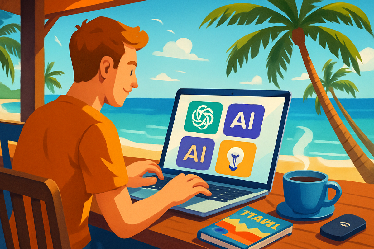 A person is sitting at a seaside table using a laptop with AI icons, a cup of coffee, and a travel-themed book nearby.
