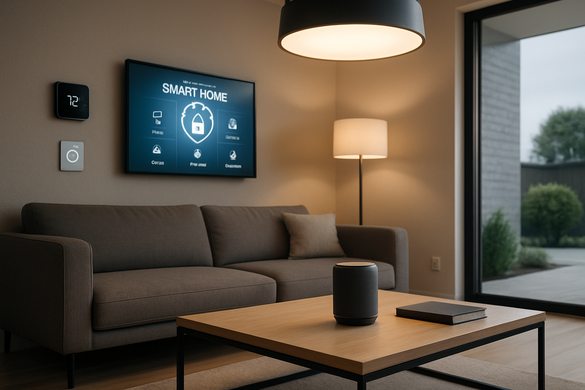 The image depicts a modern living room with a couch, a smart home display on the wall, a lamp, and a coffee table featuring a smart speaker and a book.