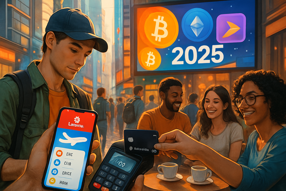 The image depicts a young man looking at his phone while a group of friends enjoy coffee, with a large billboard in the background displaying cryptocurrency symbols and the year 2025.