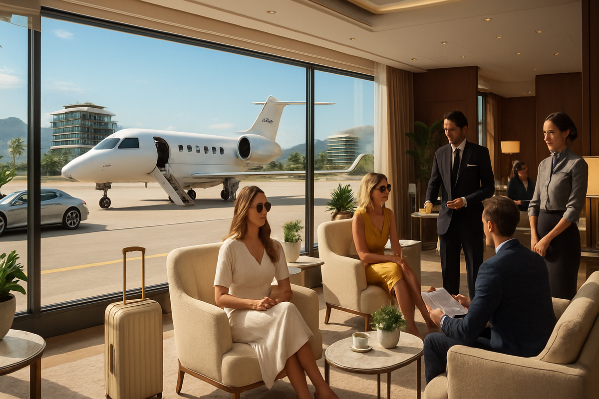 A luxurious airport lounge scene features elegantly dressed individuals discussing while a private jet awaits outside.