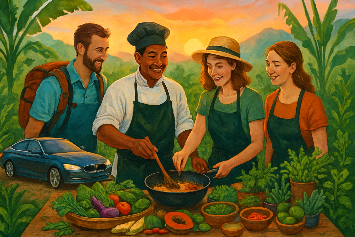 The image features a group of four people, including a chef, joyfully preparing food together outdoors amidst lush greenery and a setting sun.