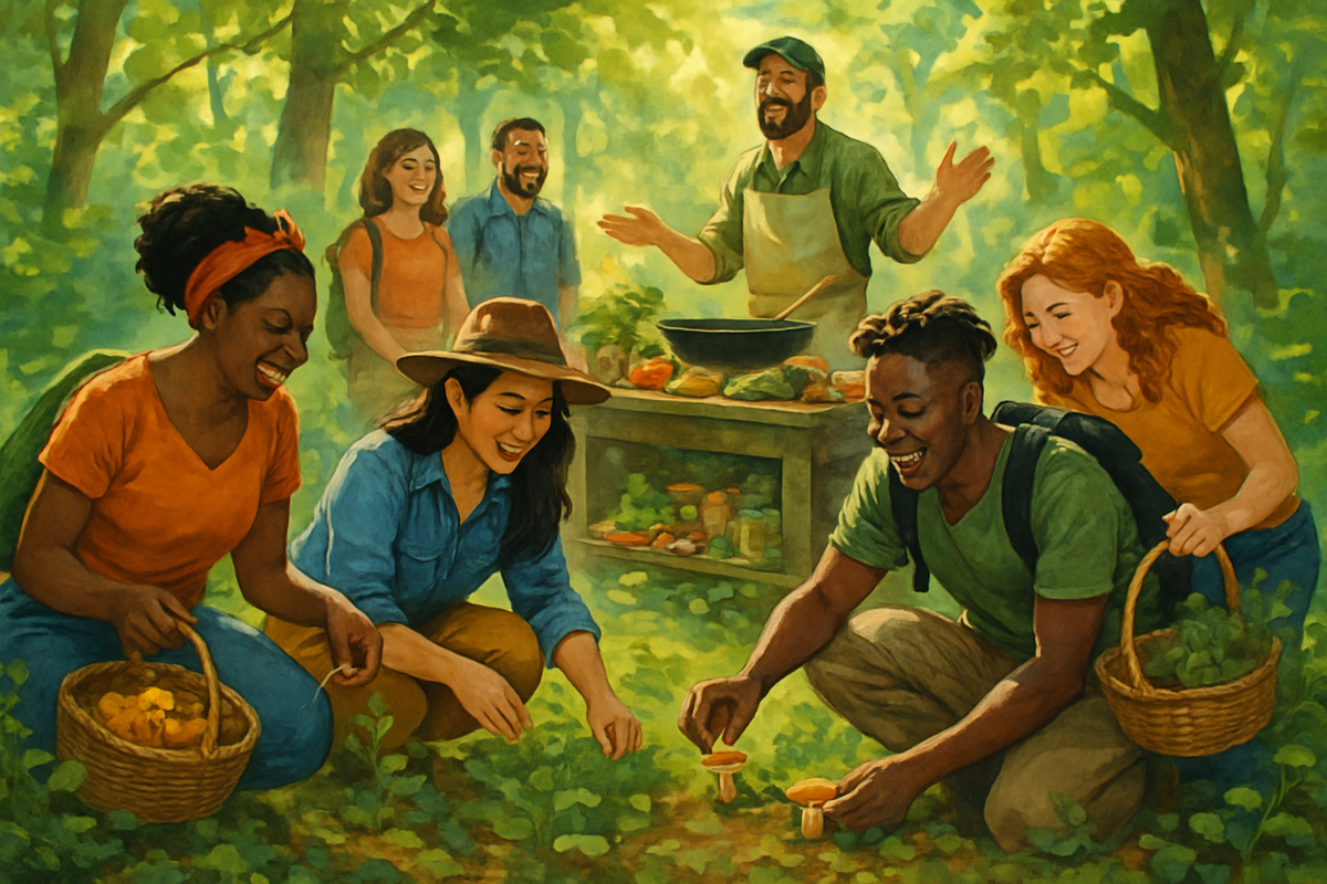 A diverse group of people joyfully harvests mushrooms and vegetables in a lush green forest setting.