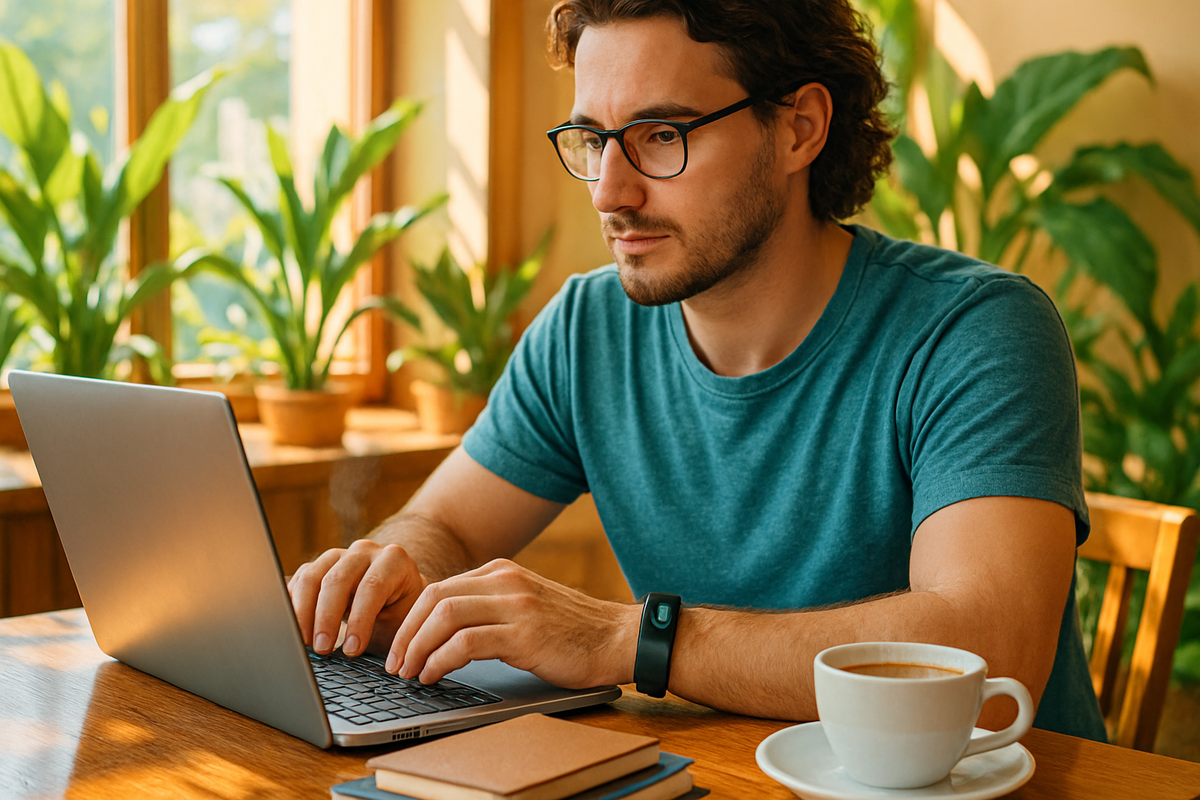 A man in a teal t-shirt is focused on his laptop while seated at a wooden table with plants and a cup of coffee nearby.