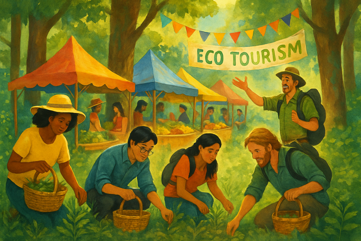 The image depicts a vibrant eco-tourism scene with diverse individuals harvesting plants in a lush setting, surrounded by colorful tents and banners.