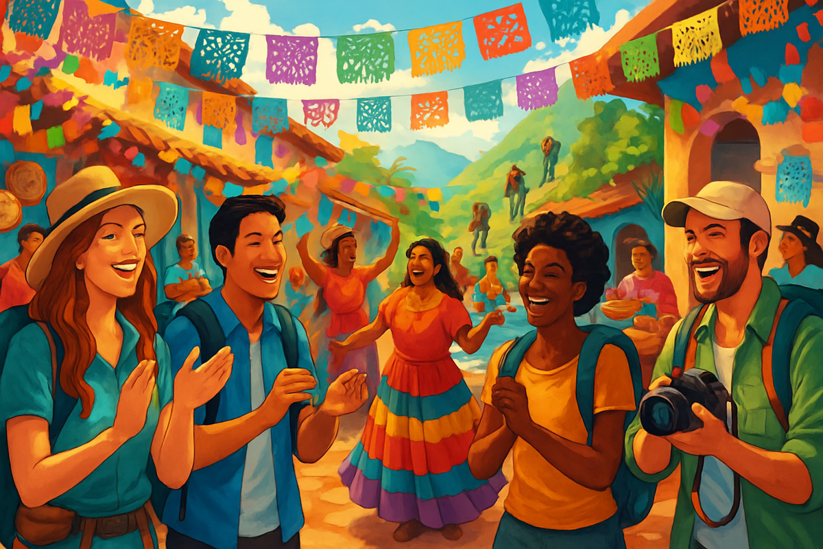 A vibrant scene depicts a joyful celebration in a colorful town square, with people of diverse backgrounds dancing, laughing, and engaging, surrounded by festive decorations.