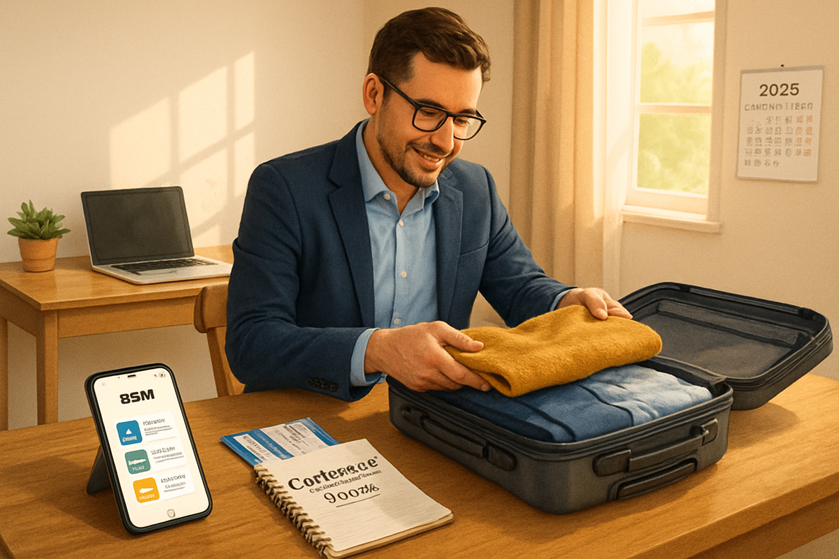A man in a suit smiles while packing clothes into a suitcase at a desk with a laptop and a smartphone displaying an app.