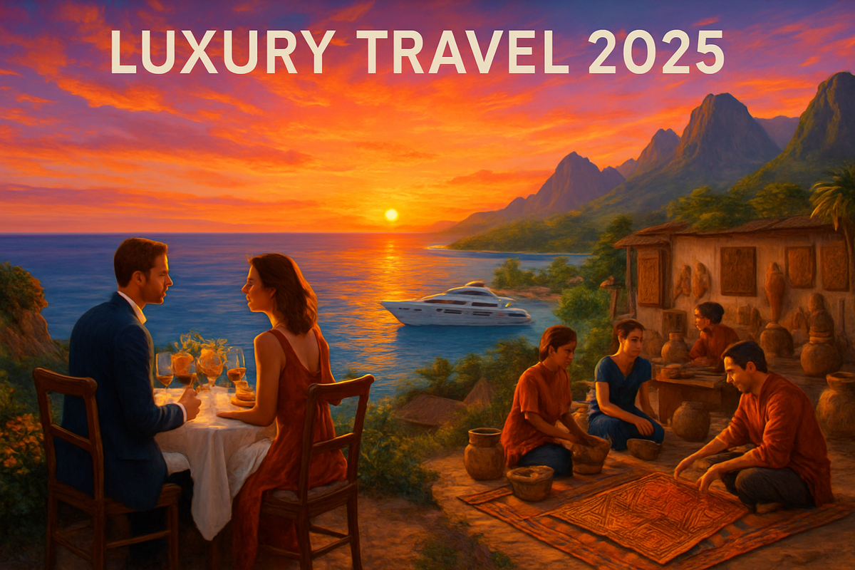 The image depicts a romantic sunset dining scene beside the ocean, featuring elegantly dressed couples and local artisans engaging in traditional crafts.