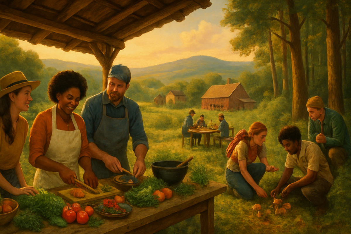 The image depicts a group of people engaged in food preparation and gathering in a scenic outdoor setting, featuring lush greenery and rustic buildings in the background.