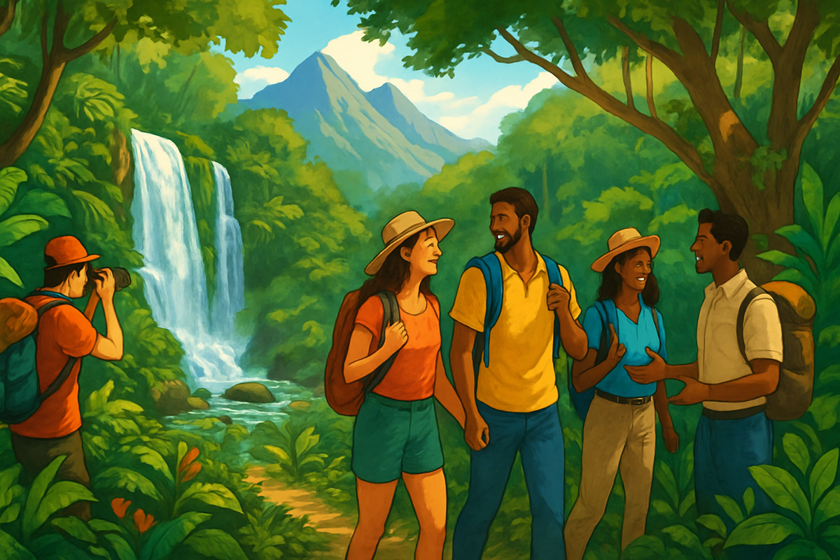 A group of friends enjoying a lush green landscape with a waterfall in the background while one person takes photos.