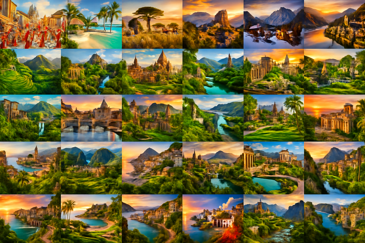 The image is a vibrant collage of various landscapes featuring lush greenery, serene waters, ancient ruins, and diverse architecture under different lighting conditions.
