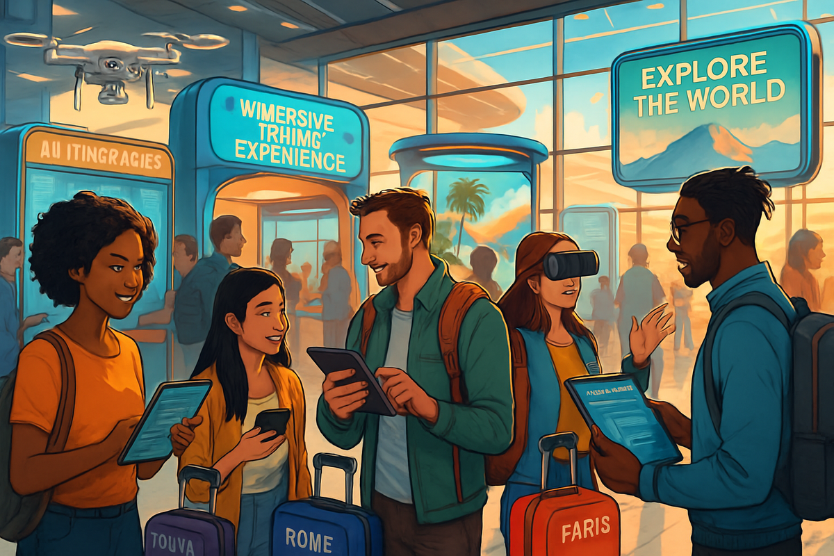 The image depicts a group of travelers interacting with technology in an airport or travel-themed setting, showcasing diverse experiences and destinations.