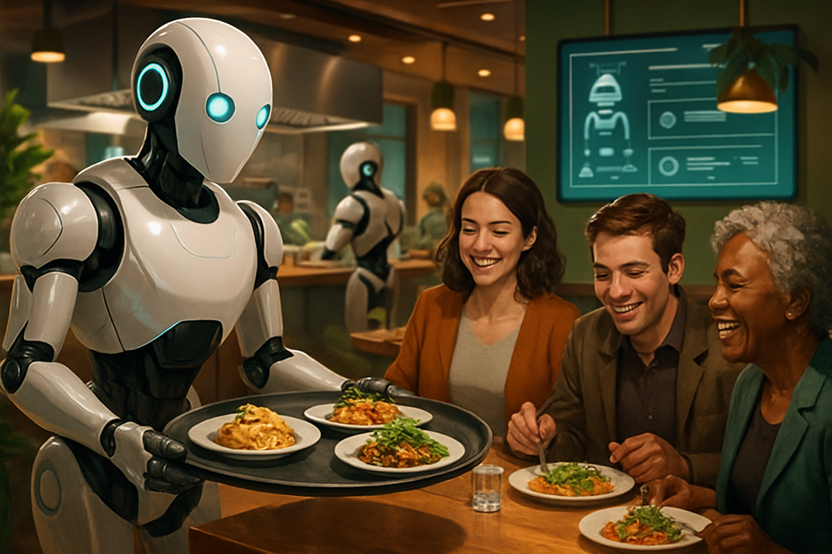A futuristic robot serves food to three smiling customers in a modern restaurant setting.