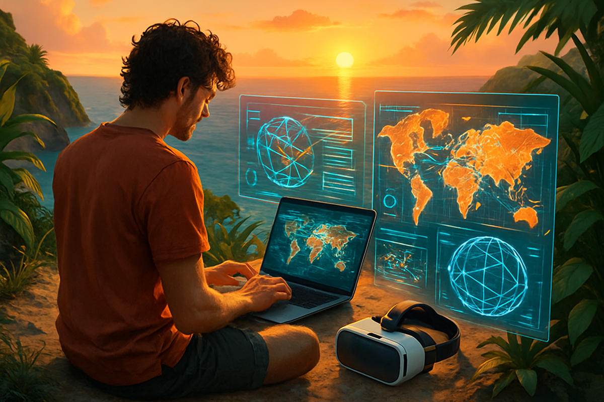 A person seated outdoors at sunset is using a laptop alongside holographic world maps and a virtual reality headset.