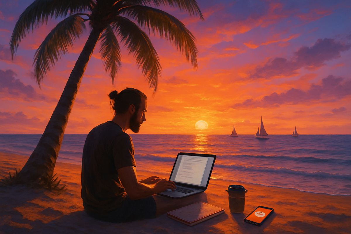A person is sitting by the ocean at sunset, working on a laptop with sailboats in the background and a coffee cup nearby.