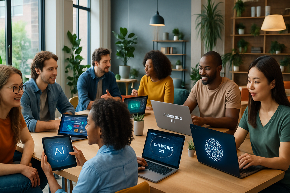 A diverse group of professionals engages in a collaborative meeting around a table, using laptops and tablets, in a modern workspace filled with greenery.