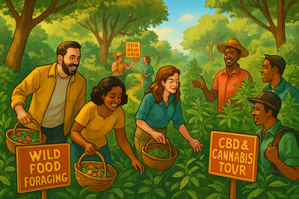 A group of people is joyfully foraging and participating in a cannabis tour in a lush green environment, with signs for wild food foraging and CBD.