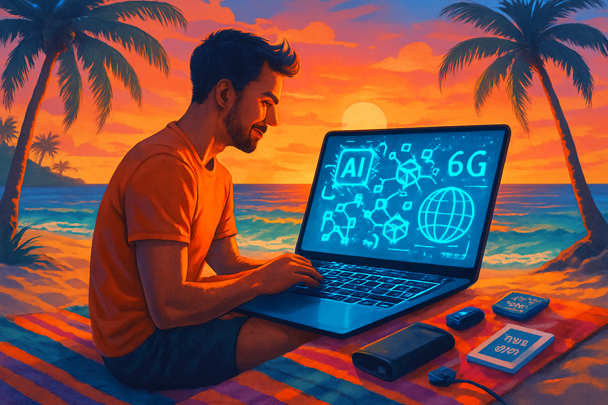 A man sits on a beach at sunset, working on a laptop displaying digital technology icons while surrounded by palm trees.