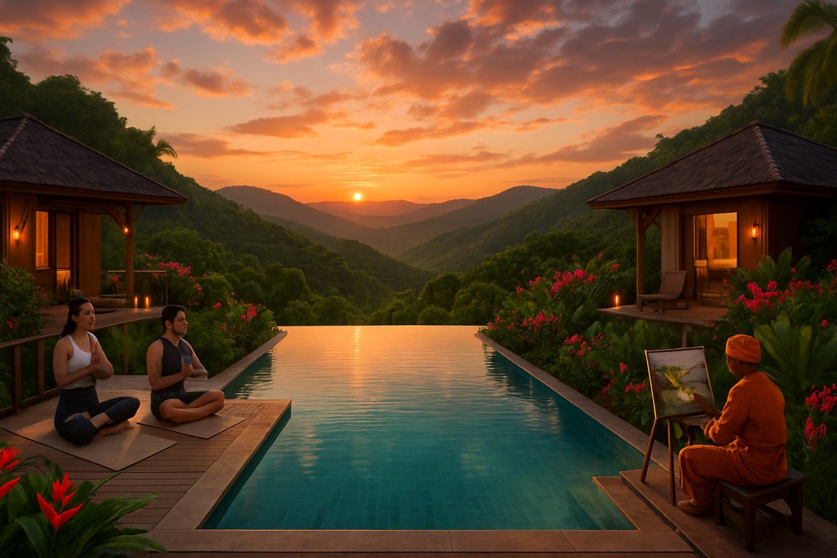 The image depicts a serene landscape at sunset with two people meditating by a pool, while a third person paints nearby in a tranquil setting surrounded by lush greenery.