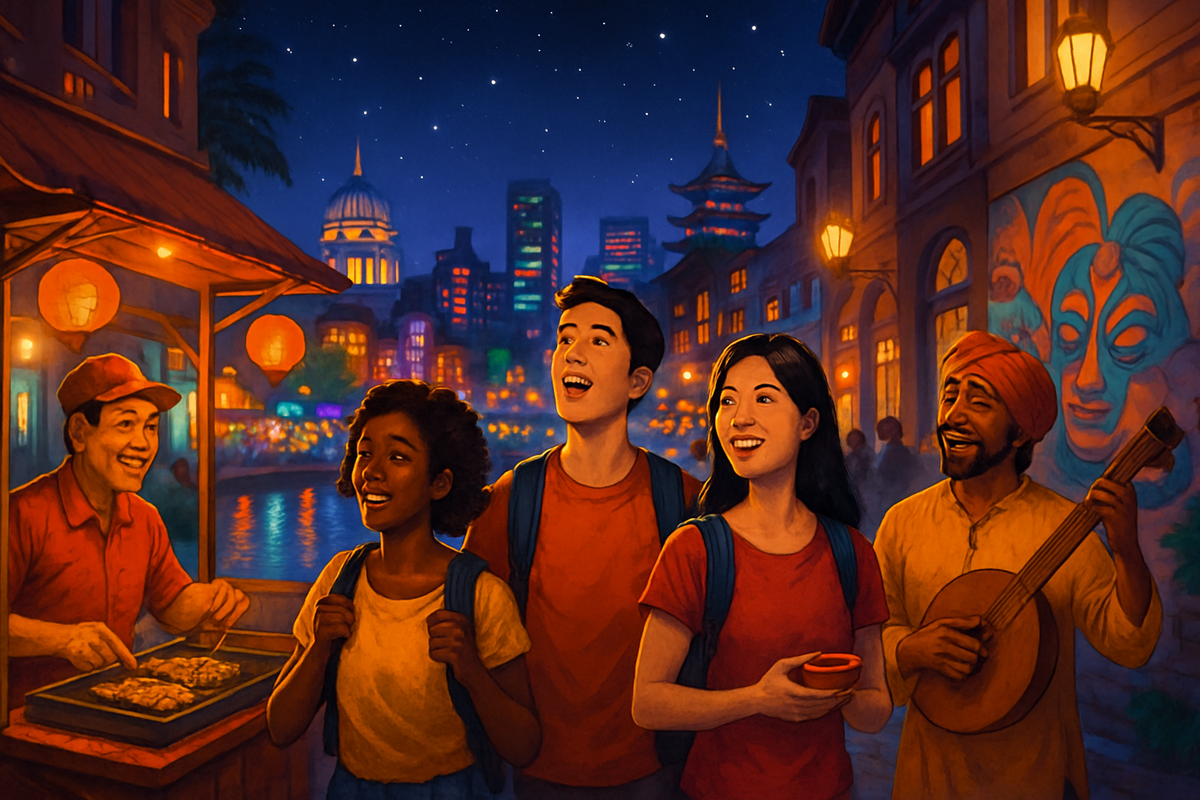 A group of friends enjoys a vibrant night scene filled with lights, street food, and lively music in a bustling city.