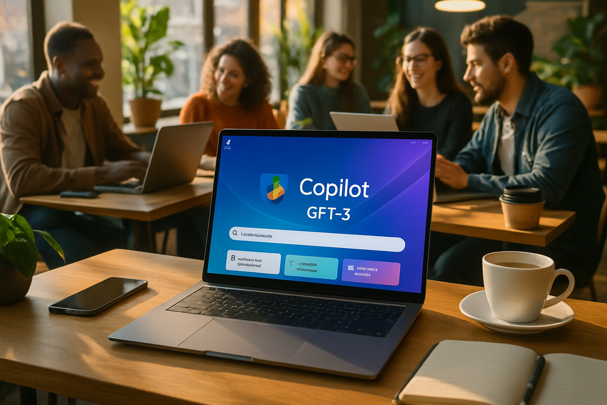 The image shows a laptop displaying a "Copilot GFT-3" interface, with a group of people engaged in conversation at a cozy café setting.