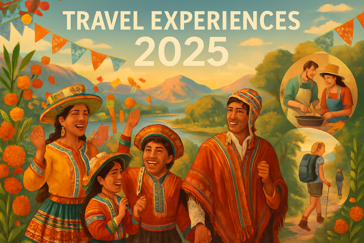 The image depicts a vibrant scene featuring smiling individuals in traditional clothing, celebrating travel experiences alongside scenic landscapes and activity illustrations.