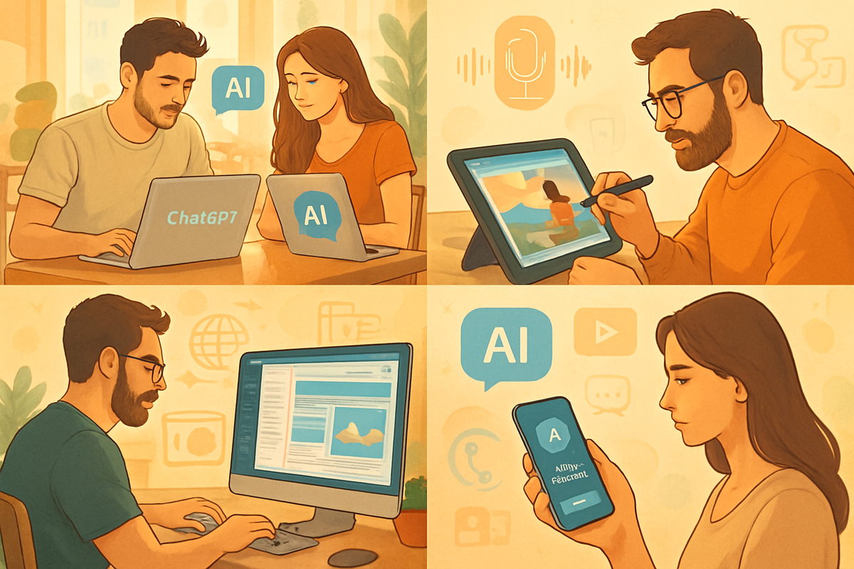 The image depicts two individuals engaging with AI technology through various devices, highlighting their activities such as chatting, drawing, and research.