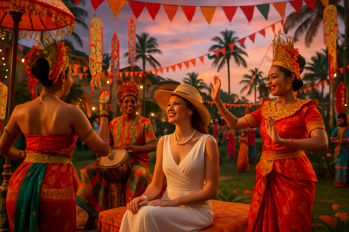 The image depicts a joyful woman in a white dress and hat, surrounded by dancers in colorful traditional attire during a festive sunset gathering.