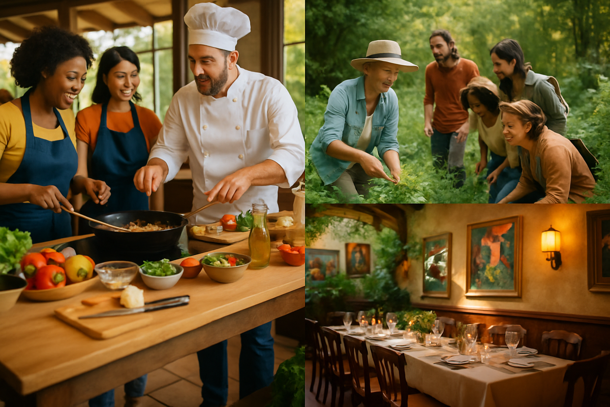The image features a chef cooking with two women in a kitchen, a group of people foraging in nature, and a beautifully set dining table in an inviting restaurant.