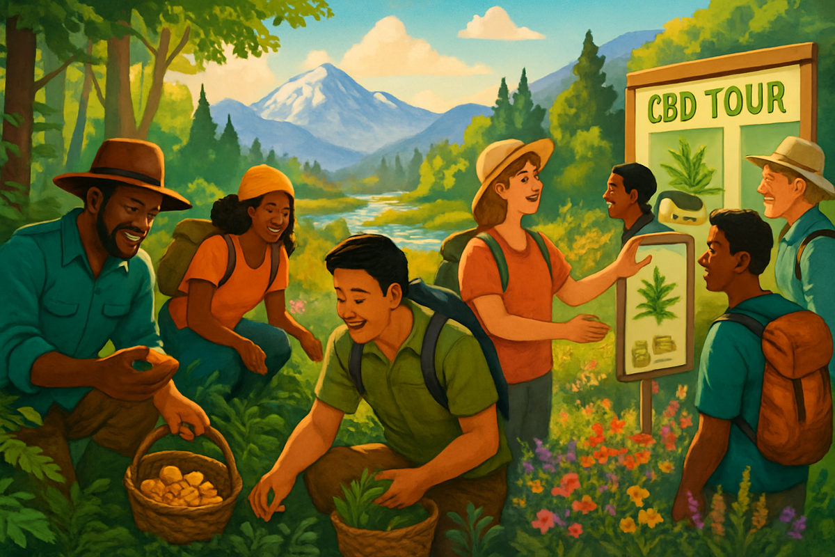 The image depicts a group of people engaging in a lively outdoor activity related to a CBD tour, surrounded by vibrant nature and mountains.