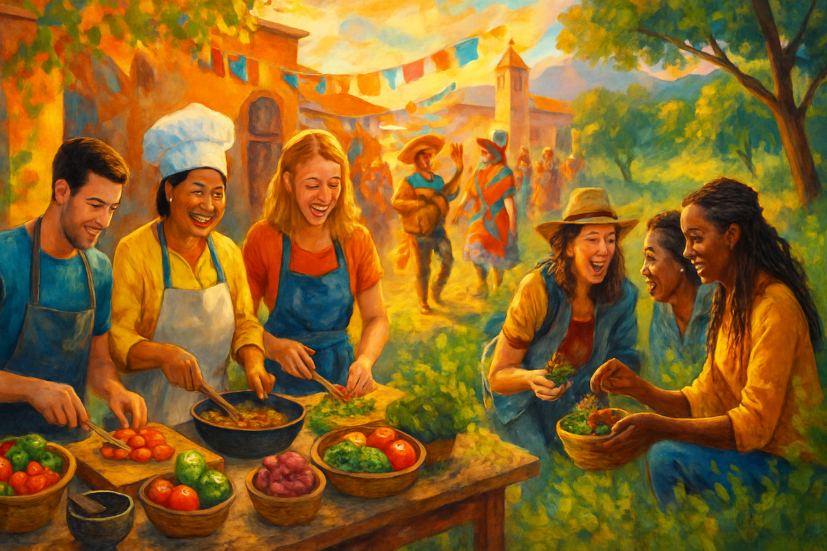 The image depicts a vibrant outdoor scene with diverse people joyfully cooking and enjoying food amidst a festive atmosphere.