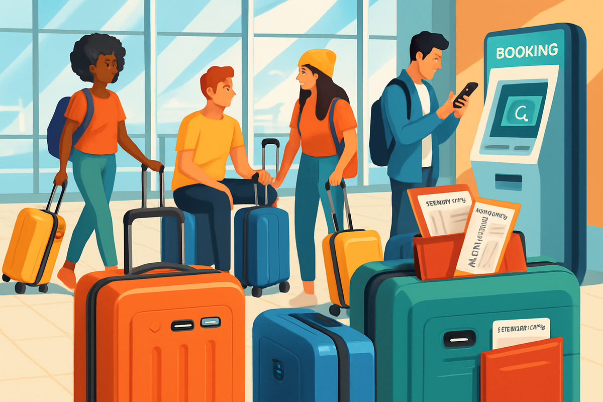 The image depicts a group of four travelers at an airport with colorful luggage and a self-service booking kiosk.
