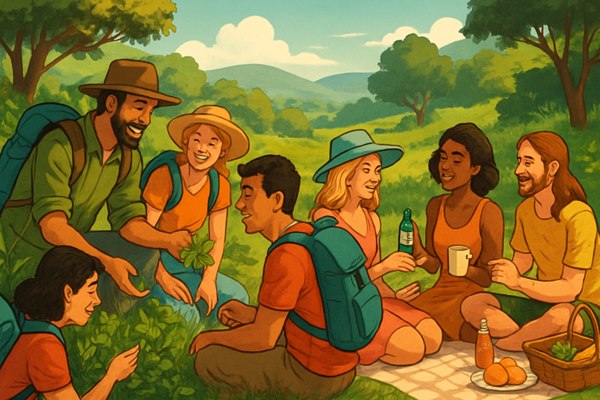 A group of diverse friends enjoys a picnic in a grassy field, sharing drinks and laughter under a sunny sky.