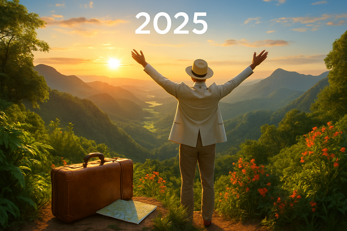 A person in a suit and hat stands with arms raised in celebration, overlooking a scenic mountain landscape at sunset, with the year 2025 prominently displayed.