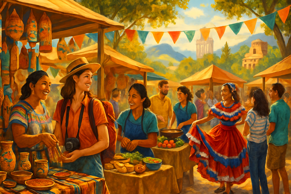 The image depicts a vibrant market scene with people joyfully interacting, showcasing traditional crafts, foods, and lively cultural attire.